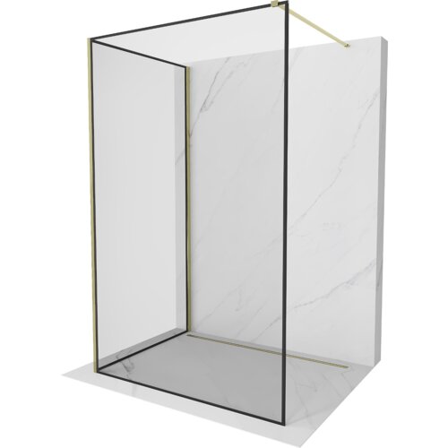 Przedstawiona jest ścianka prysznicowa typu walk-in o wymiarach 110 x 100 cm z czarną ramką i złotymi elementami, umieszczona na tle imitującym marmur. Produkt ma prostą, nowoczesną konstrukcję z przezroczystego szkła.