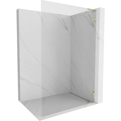 Przesłane zdjęcie przedstawia ściankę prysznicową typu walk-in o wymiarach 80 x 200 cm, wykonaną z przezroczystego szkła o grubości 8 mm, z elementami w kolorze złotym. Ścianka jest umieszczona w narożniku wyłożonym płytkami imitującymi biały marmur z delikatnymi szarymi żyłkami.