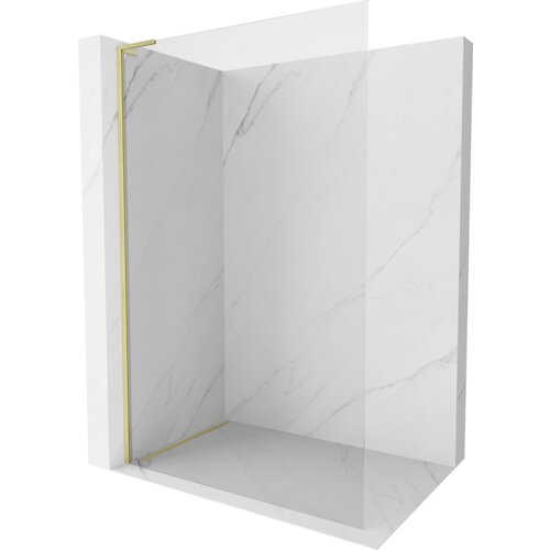 Przedstawiono ściankę prysznicową typu walk-in o wymiarach 70 x 200 cm, wykonaną z transparentnego szkła o grubości 10 mm, z elementami w kolorze złotym szczotkowanym. Ścianka jest umieszczona w narożniku z białymi, marmurowymi płytkami.