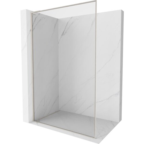 Przeszklona ścianka prysznicowa z ramką w kolorze niklu szczotkowanego, ustawiona na tle ścian z białego marmuru z szarymi żyłkami. Produkt ma wymiary 105 x 202 cm i jest wykonany z przezroczystego szkła o grubości 8 mm.