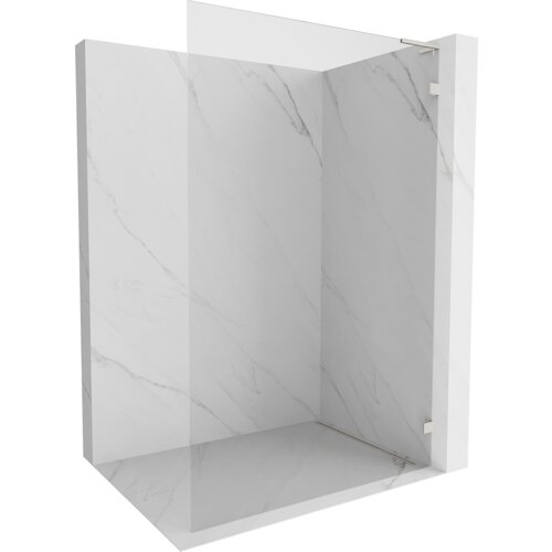 Na zdjęciu znajduje się ścianka prysznicowa typu walk-in o wymiarach 80 x 200 cm, wykonana z przezroczystego szkła o grubości 8 mm, z elementami w kolorze niklu szczotkowanego. Ścianka jest umieszczona w narożniku, a tło stanowi powierzchnia imitująca marmur.