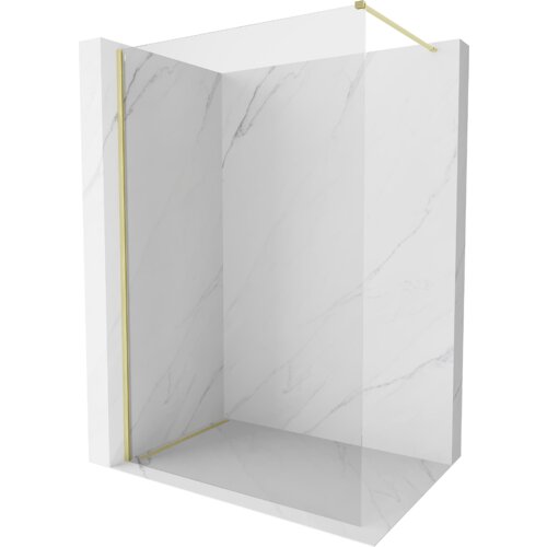 Przedstawiono ściankę prysznicową typu walk-in o wymiarach 130 x 200 cm, wykonaną z transparentnego szkła o grubości 10 mm, z elementami w kolorze złotym szczotkowanym. Ścianka jest umieszczona na tle imitującym marmur.