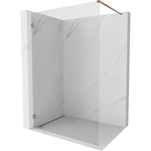 Przezroczysta ścianka prysznicowa z różowozłotymi elementami montażowymi, ustawiona na tle ścian o wzorze marmuru. Produkt ma wymiary 120 x 200 cm i grubość 8 mm.