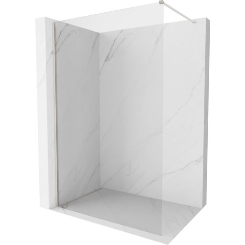 Przeszklona ścianka prysznicowa typu walk-in o wymiarach 160 x 200 cm, wykonana z transparentnego szkła o grubości 10 mm, z elementami w kolorze niklu szczotkowanego. Ścianka jest zamontowana w narożniku z marmurowymi płytkami na ścianach i podłodze.
