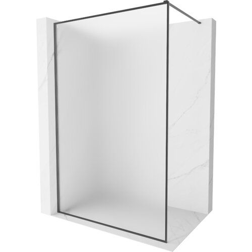 Na zdjęciu znajduje się ścianka prysznicowa z ramką w kolorze gun gray, wykonana z matowego szkła o grubości 10 mm. Produkt ma wymiary 80 x 202 cm i jest umieszczony w białej, marmurowej wnęce.