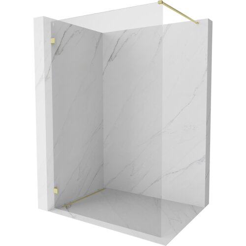 Na zdjęciu znajduje się ścianka prysznicowa typu walk-in o wymiarach 50 x 200 cm, wykonana z transparentnego szkła o grubości 8 mm, z elementami w kolorze złotym szczotkowanym. Ścianka jest umieszczona w narożniku z marmurowym wzorem na ścianach.