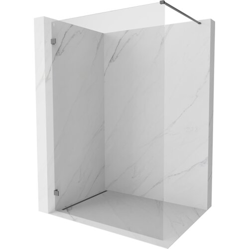 Przeszklona ścianka prysznicowa typu walk-in z przezroczystego szkła o grubości 8 mm, z metalowymi elementami w kolorze gun metal, zamontowana na marmurowej ścianie. Produkt ma wymiary 160 x 200 cm i jest oznaczony numerem 830-160-000-95-00-L.