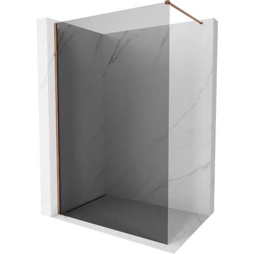 Na zdjęciu znajduje się ścianka prysznicowa Walk-in o wymiarach 160 x 200 cm, wykonana z grafitowego szkła o grubości 10 mm, z elementami w kolorze różowego złota. Ścianka jest umieszczona w marmurowej wnęce, a jej konstrukcja jest minimalistyczna i elegancka.