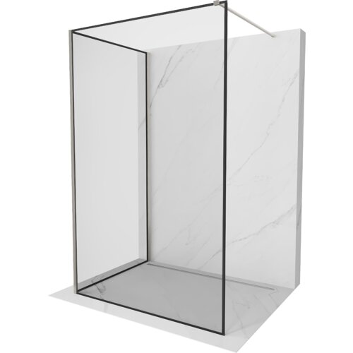 Na zdjęciu znajduje się ścianka prysznicowa typu walk-in z czarną ramką i niklowanym wykończeniem, ustawiona na marmurowej podłodze i tle. Produkt ma minimalistyczny design z prostymi liniami i przezroczystym szkłem.