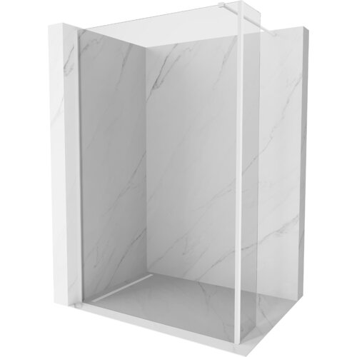 Na zdjęciu znajduje się ścianka prysznicowa typu walk-in o wymiarach 150 x 30 cm, wykonana z przezroczystego szkła z białymi elementami konstrukcyjnymi. Ścianka jest umieszczona w kącie pomieszczenia z marmurowymi ścianami.