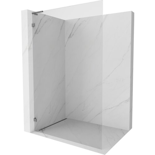Na zdjęciu widać nowoczesną kabinę prysznicową z przezroczystymi szklanymi drzwiami i marmurowymi ścianami. Kabina ma minimalistyczny design z metalowymi elementami mocującymi.