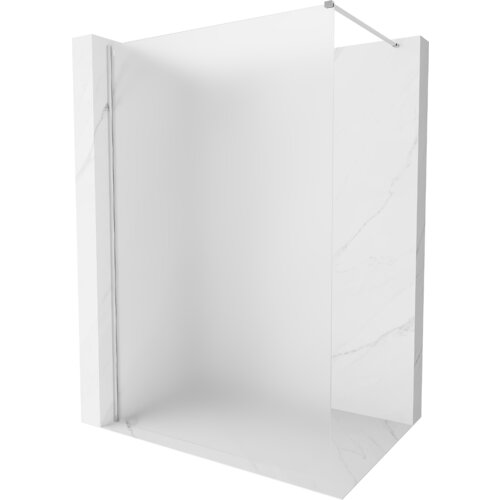 Na zdjęciu znajduje się ścianka prysznicowa typu walk-in o wymiarach 100 x 200 cm, wykonana z matowego szkła o grubości 10 mm, z chromowanymi elementami mocującymi. Ścianka jest ustawiona na tle imitującym marmur.