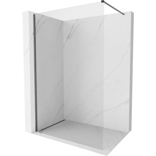 Przedstawiono ściankę prysznicową typu walk-in o wymiarach 60 x 200 cm, wykonaną z przezroczystego szkła o grubości 10 mm, z wykończeniem w kolorze szczotkowanego szarego metalu. Ścianka jest zamontowana na tle imitującym marmur, z widocznym wspornikiem stabilizującym.
