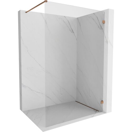 Przeszklona ścianka prysznicowa typu walk-in o wymiarach 60 x 200 cm, wykonana z transparentnego szkła o grubości 8 mm, z elementami w kolorze różowego złota. Ścianka jest zamontowana w narożniku łazienki wykończonej w jasnym marmurowym wzorze.