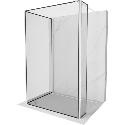 Na zdjęciu znajduje się ścianka prysznicowa typu walk-in z czarną ramką i białymi panelami, ustawiona na marmurowej podłodze. Produkt ma prostokątny kształt i przezroczyste szklane ściany.
