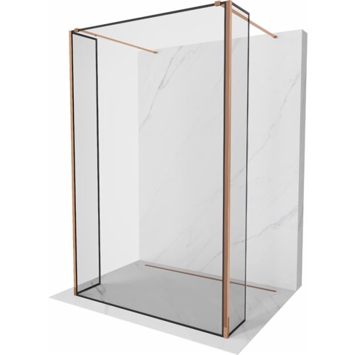 Na zdjęciu znajduje się ścianka prysznicowa wolnostojąca o wymiarach 90 x 30 x 30 cm z czarną ramką i elementami w kolorze różowego złota. Produkt jest umieszczony na tle imitującym marmur.