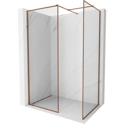 Przeszklona ścianka prysznicowa z ramką w kolorze różowego złota, umieszczona w narożniku z białymi, marmurowymi płytkami. Produkt ma wymiary 130 x 110 cm i wykonany jest z przezroczystego szkła o grubości 8 mm.