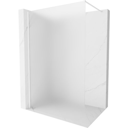 Na zdjęciu znajduje się ścianka prysznicowa typu walk-in o wymiarach 80 x 200 cm, wykonana z matowego szkła o grubości 10 mm, z białymi elementami konstrukcyjnymi. Ścianka jest ustawiona na tle imitującym marmur.