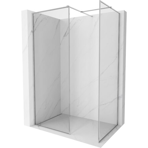 Przeszklona ścianka prysznicowa z metalową ramką, zamontowana w narożniku pomieszczenia wyłożonego jasnymi płytkami o marmurowym wzorze. Produkt ma minimalistyczny design z przezroczystym szkłem i chromowanymi elementami.