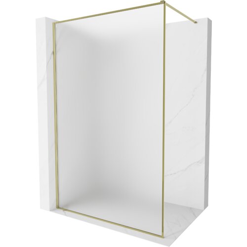 Ścianka prysznicowa Walk-in z ramką w kolorze złotym, o wymiarach 140 x 202 cm, wykonana z matowego szkła o grubości 8 mm, umieszczona w białej przestrzeni z marmurowym wzorem. Produkt ma prostą, elegancką konstrukcję z delikatnym złotym obramowaniem.