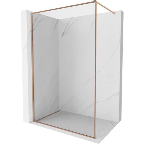 Przeszklona ścianka prysznicowa z ramką w kolorze miedzi szczotkowanej, zamontowana w narożniku z białymi, marmurowymi płytkami. Produkt ma minimalistyczny design i przezroczyste szkło o grubości 8 mm.
