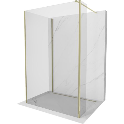 Przezroczysta ścianka prysznicowa z złotymi elementami montażowymi, umieszczona na marmurowej podstawie. Produkt to "Mexen Kioto ścianka prysznicowa Walk-in 90 x 90 x 40 cm, transparent, złota - 800-090-090-221-50-00-040".