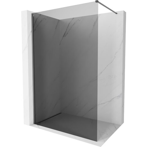 Na zdjęciu znajduje się ścianka prysznicowa typu walk-in o wymiarach 160 x 200 cm, wykonana z grafitowego szkła o grubości 10 mm, z metalowymi elementami w kolorze gun metal. Ścianka jest zamontowana w narożniku z marmurowymi ścianami.