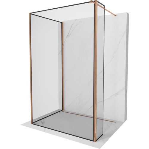Przesłane zdjęcie przedstawia ściankę prysznicową typu walk-in o wymiarach 120 x 120 x 40 cm, z czarną ramką i elementami w kolorze różowego złota. Ścianka jest umieszczona na tle imitującym marmur.