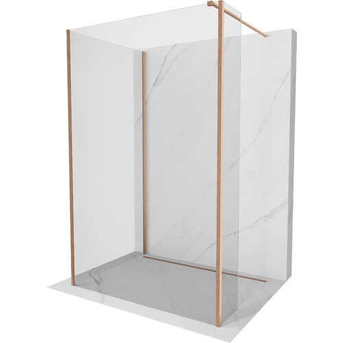 Na zdjęciu znajduje się ścianka prysznicowa typu walk-in o wymiarach 110 x 90 x 30 cm, wykonana z przezroczystego szkła i wykończona w kolorze miedzi szczotkowanej. Ścianka jest umieszczona na tle imitującym marmur.