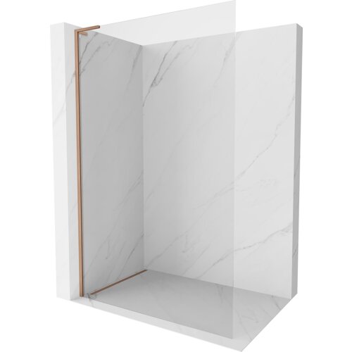 Na zdjęciu znajduje się ścianka prysznicowa typu walk-in o wymiarach 60 x 200 cm, wykonana z przezroczystego szkła o grubości 10 mm, z elementami w kolorze miedzi szczotkowanej. Ścianka jest umieszczona w narożniku z białymi, marmurowymi płytkami.
