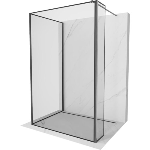 Na zdjęciu znajduje się ścianka prysznicowa typu walk-in o wymiarach 130 x 90 x 30 cm, z czarną ramką i szczotkowanym wykończeniem w kolorze gun gray. Produkt jest ustawiony na tle imitującym marmur.