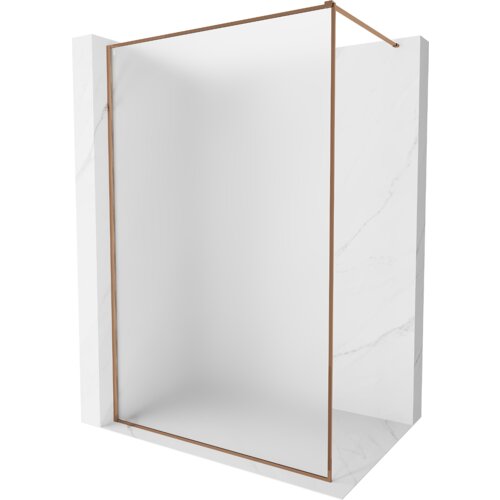 Przedstawiono ściankę prysznicową typu Walk-in z ramką w kolorze różowego złota, wykonaną z matowego szkła o grubości 10 mm. Produkt jest umieszczony w białej, marmurowej wnęce.