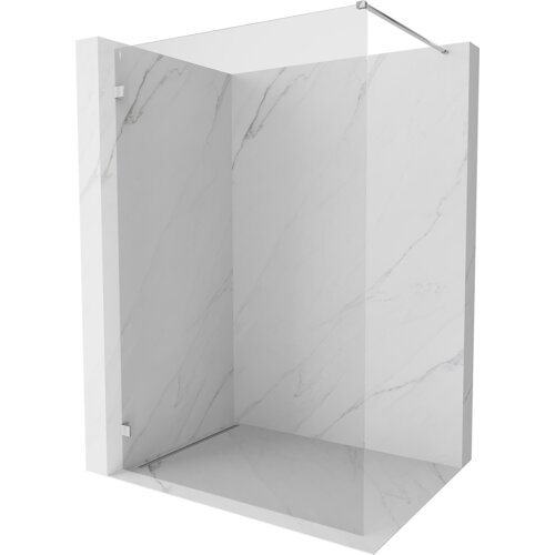 Na zdjęciu widać nowoczesną kabinę prysznicową z przezroczystymi szklanymi ściankami i marmurowymi panelami. Kabina ma minimalistyczny design z metalowymi elementami mocującymi.