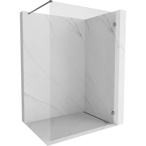 Na zdjęciu znajduje się ścianka prysznicowa typu walk-in o wymiarach 110 x 200 cm, wykonana z transparentnego szkła o grubości 8 mm, w kolorze gun metal. Ścianka jest zamontowana w narożniku z marmurowymi ścianami, a jej konstrukcja wsparta jest metalowym wspornikiem.