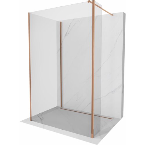 Przeszklona ścianka prysznicowa typu walk-in z różowozłotymi elementami montażowymi, ustawiona na marmurowej podłodze i tle. Produkt ma wymiary 125 x 80 x 40 cm i jest transparentny.