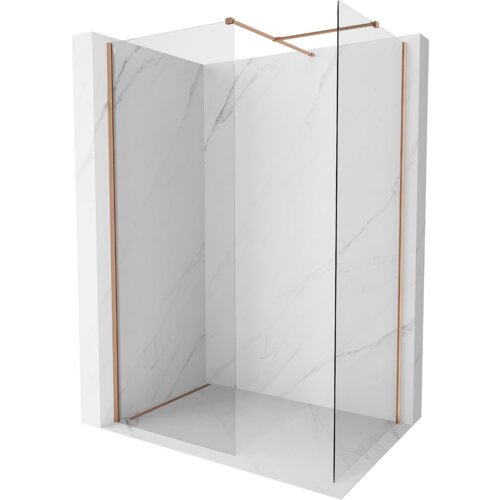 Przesłane zdjęcie przedstawia ściankę prysznicową typu walk-in o wymiarach 150 x 90 cm, wykonaną z przezroczystego szkła o grubości 10 mm, z elementami w kolorze miedzi szczotkowanej. Ścianka jest umieszczona na tle imitującym marmur, z widocznymi miedzianymi profilami i wspornikami.