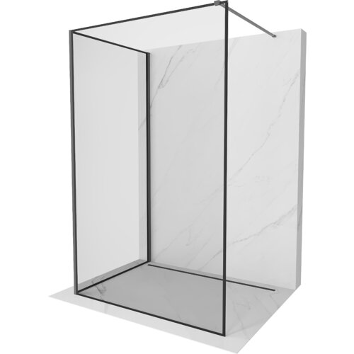 Na zdjęciu znajduje się ścianka prysznicowa typu walk-in o wymiarach 90 x 70 cm z czarną ramką i wykończeniem gun metal, ustawiona na tle ściany z jasnego marmuru. Produkt ma prostą, nowoczesną konstrukcję z przezroczystego szkła i metalowych elementów.