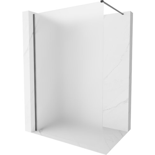 Na zdjęciu znajduje się ścianka prysznicowa typu walk-in o wymiarach 100 x 200 cm, wykonana z matowego szkła o grubości 10 mm, w kolorze gun gray szczotkowanym. Ścianka jest zamontowana w jasnym, marmurowym wnętrzu.