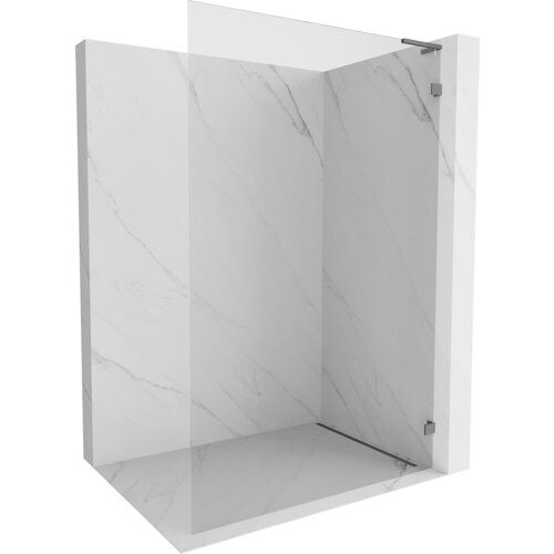 Na zdjęciu znajduje się ścianka prysznicowa typu walk-in o wymiarach 110 x 200 cm, wykonana z transparentnego szkła o grubości 8 mm, w kolorze gun metal. Ścianka jest zamontowana na tle imitującym marmur.
