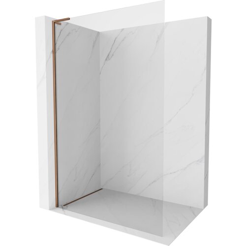 Przedstawiono ściankę prysznicową typu walk-in o wymiarach 100 x 200 cm, wykonaną z przezroczystego szkła o grubości 10 mm, z elementami w kolorze różowego złota. Ścianka jest umieszczona w narożniku z białymi, marmurowymi płytkami.
