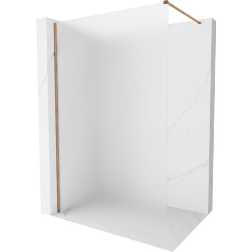 Na zdjęciu znajduje się ścianka prysznicowa typu walk-in o wymiarach 50 x 200 cm, wykonana z matowego szkła o grubości 10 mm, z elementami w kolorze różowego złota. Ścianka jest zamontowana na białej, marmurowej powierzchni.