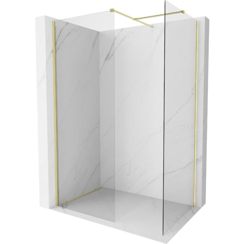 Przesłane zdjęcie przedstawia ściankę prysznicową typu walk-in o wymiarach 130 x 120 cm, wykonaną z przezroczystego szkła o grubości 10 mm, z elementami w kolorze złotym szczotkowanym. Ścianka jest umieszczona na tle imitującym marmur, z widocznymi złotymi profilami montażowymi.