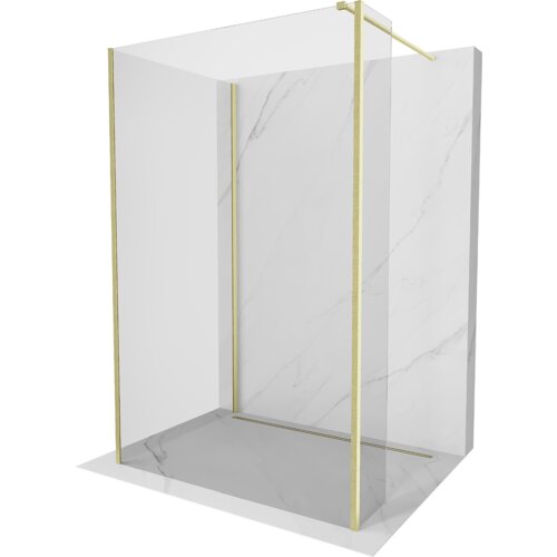 Przedstawiono ściankę prysznicową typu walk-in o wymiarach 125 x 70 x 40 cm, wykonaną z przezroczystego szkła z elementami w kolorze złotym szczotkowanym. Ścianka jest umieszczona na tle imitującym marmur.