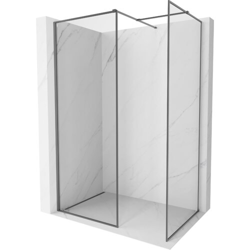Przedstawiono ściankę prysznicową typu walk-in z metalową ramką, umieszczoną w narożniku wyłożonym jasnymi płytkami o marmurowym wzorze. Produkt ma przezroczyste szkło i ciemne, metalowe elementy konstrukcyjne.