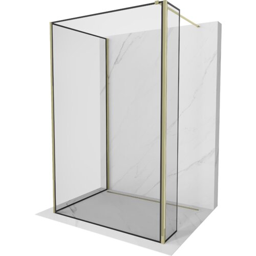 Przedstawiono ściankę prysznicową typu walk-in o wymiarach 120 x 110 x 30 cm z czarną ramką i złotymi elementami. Ścianka jest umieszczona na tle imitującym marmur.
