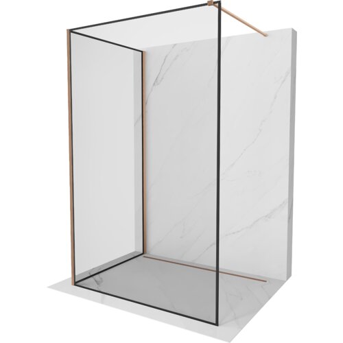 Przedstawiono ściankę prysznicową typu Walk-in o wymiarach 140 x 120 cm z czarną ramką i miedzianymi, szczotkowanymi elementami. Ścianka jest umieszczona na tle imitującym marmur.