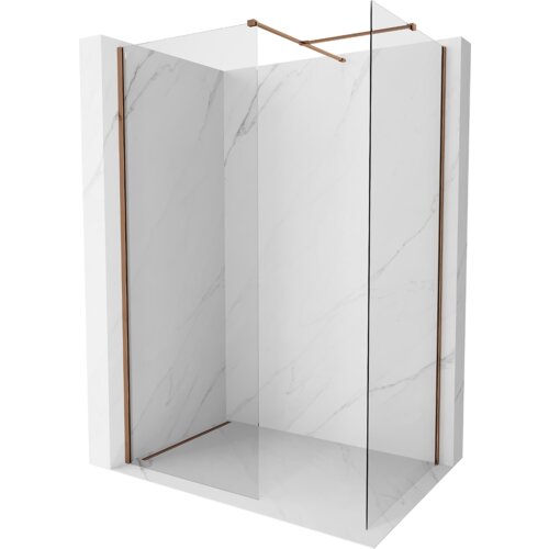 Przedstawiono ściankę prysznicową typu Walk-in o wymiarach 160 x 120 cm, wykonaną z przezroczystego szkła o grubości 10 mm, z elementami w kolorze różowego złota. Ścianka jest zamontowana na tle imitującym marmur.