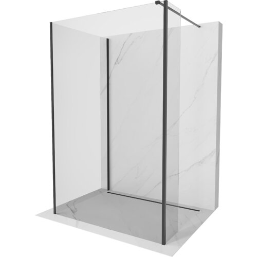 Przedstawiono ściankę prysznicową typu walk-in o wymiarach 90 x 80 x 40 cm, z przezroczystego szkła i czarnymi elementami konstrukcyjnymi. Ścianka jest umieszczona na tle imitującym marmur.