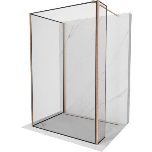 Przedstawiono ściankę prysznicową typu walk-in o wymiarach 100 x 80 x 40 cm z czarną ramką i elementami w kolorze miedzi szczotkowanej. Ścianka jest umieszczona na tle imitującym marmur.