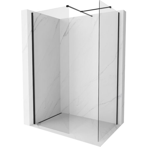 Na zdjęciu znajduje się ścianka prysznicowa typu walk-in o wymiarach 150 x 120 cm, wykonana z przezroczystego szkła o grubości 10 mm, z czarnymi elementami montażowymi. Ścianka jest umieszczona w narożniku wyłożonym jasnymi płytkami z delikatnym wzorem przypominającym marmur.